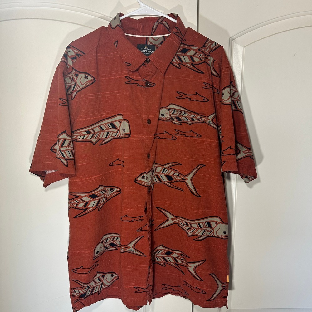 Quiksilver Waterman Men's XL Out of Office Short Sleeve Shirt Fish Print Comfort - Picture 2 of 5